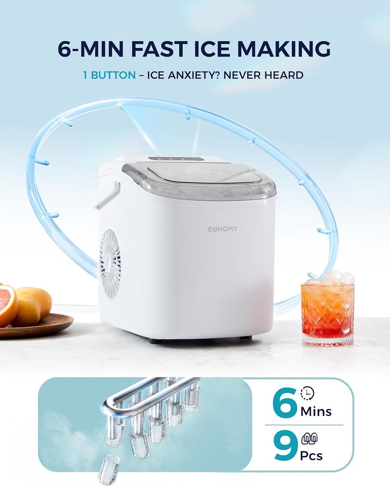 EUHOMY Countertop Ice Maker Machine with Handle, 26lbs Per Day, 9 Ice Cubes Ready in 6 Mins, Auto-Cleaning Portable Ice Maker with Basket and Scoop, for Home/Kitchen/Camping/RV (White) - Image 3